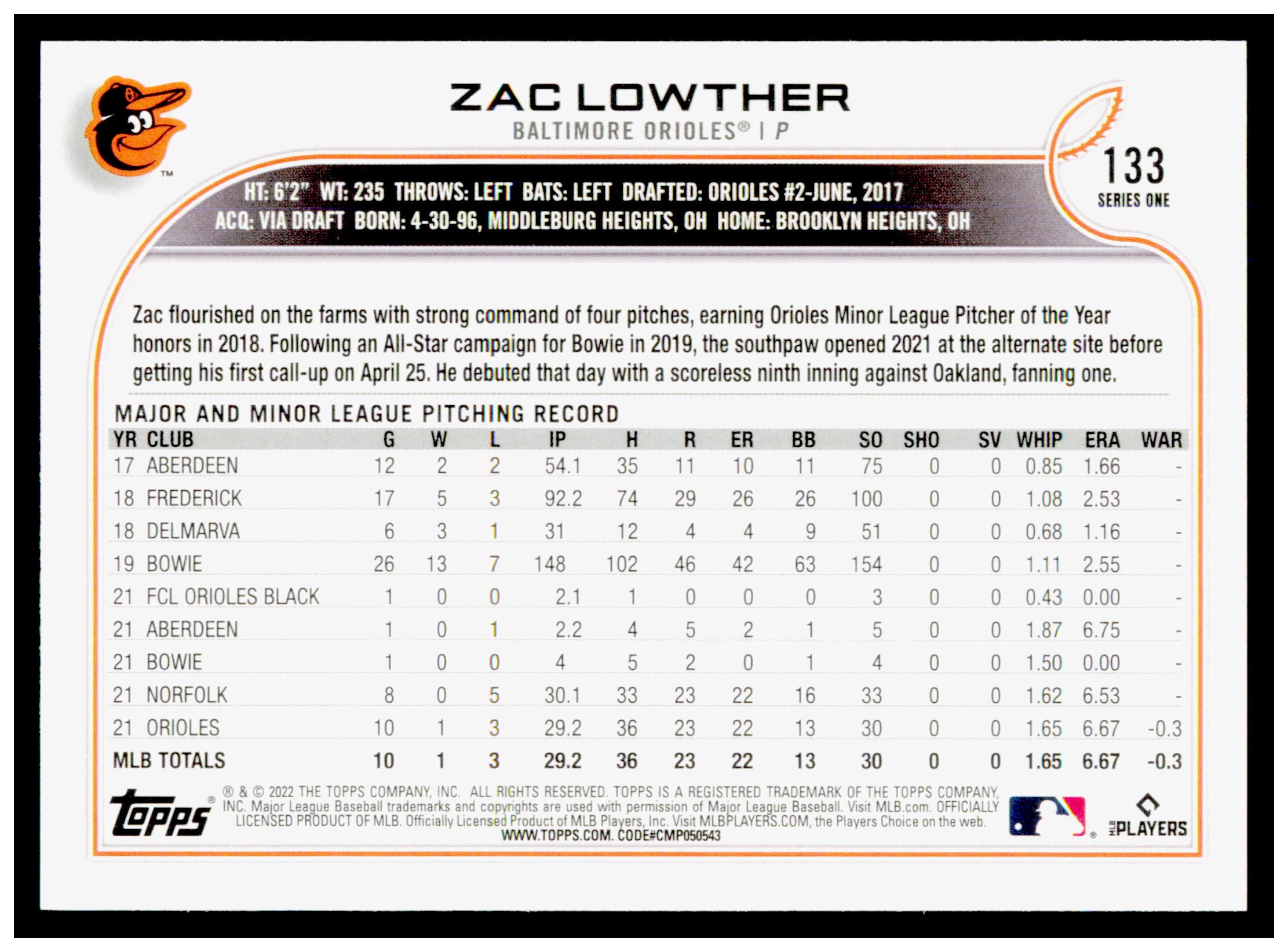 2022 Topps Zac Lowther Card RC Baltimore Orioles #133