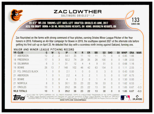 2022 Topps Zac Lowther Card RC Baltimore Orioles #133