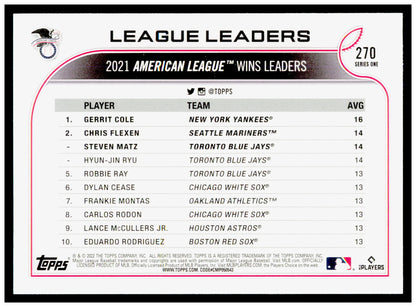 2022 Topps AL Wins Leaders Gerrit Cole / Chris Flexen / Steven Matz