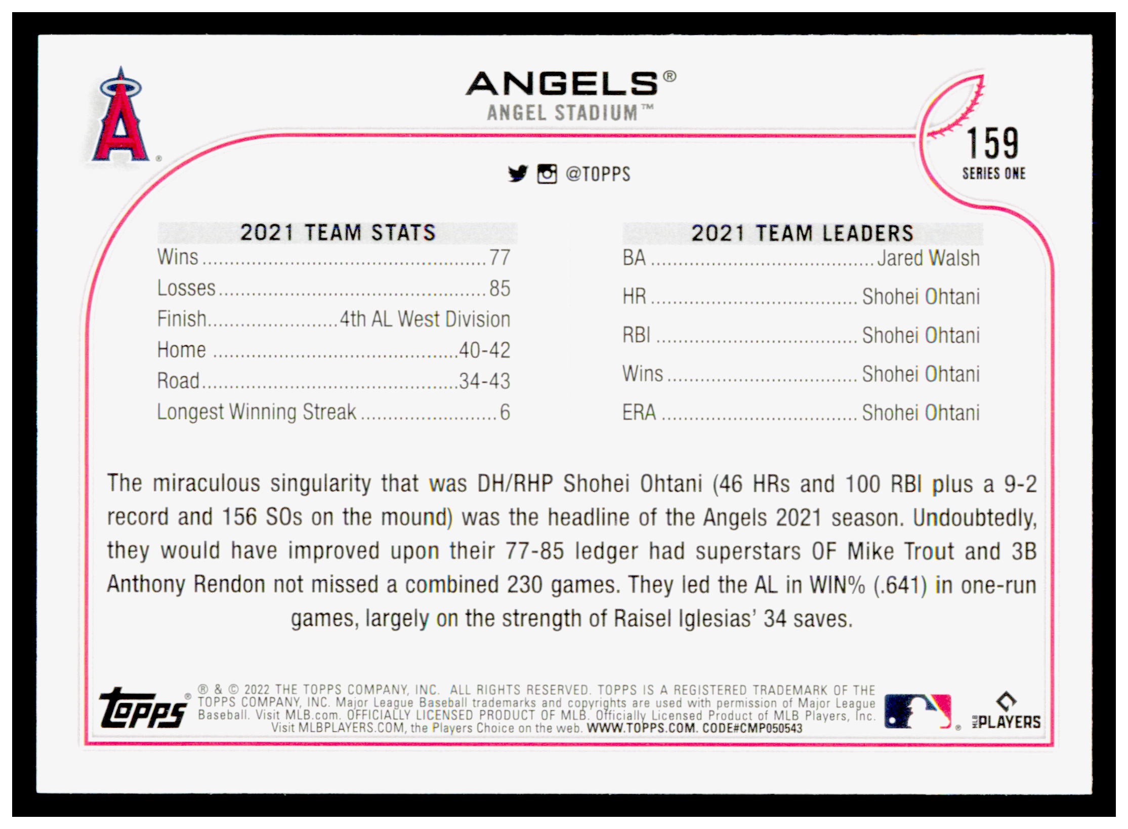 2022 Topps Los Angeles Angels Card 582 Montgomery Los Angeles Angels #159