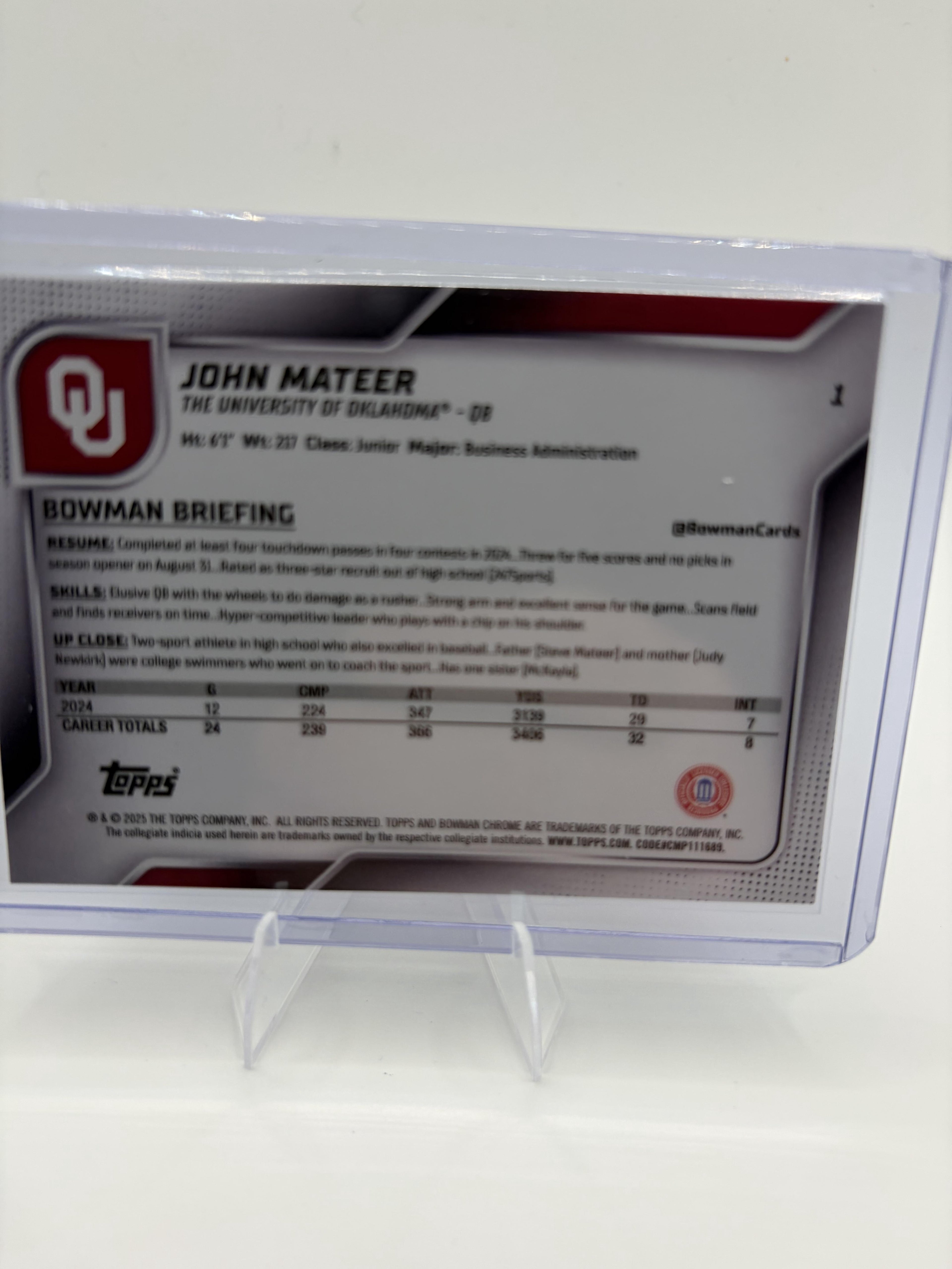 2025 Bowman University Chrome John Mateer Card Oklahoma Sooners #1