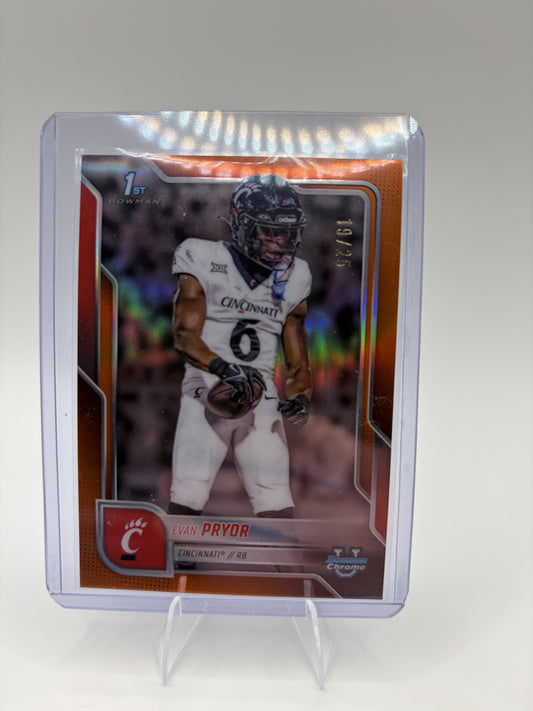 2025 Bowman Chrome University Evan Pryor 1st Orange Refractor /25 Cincinnati