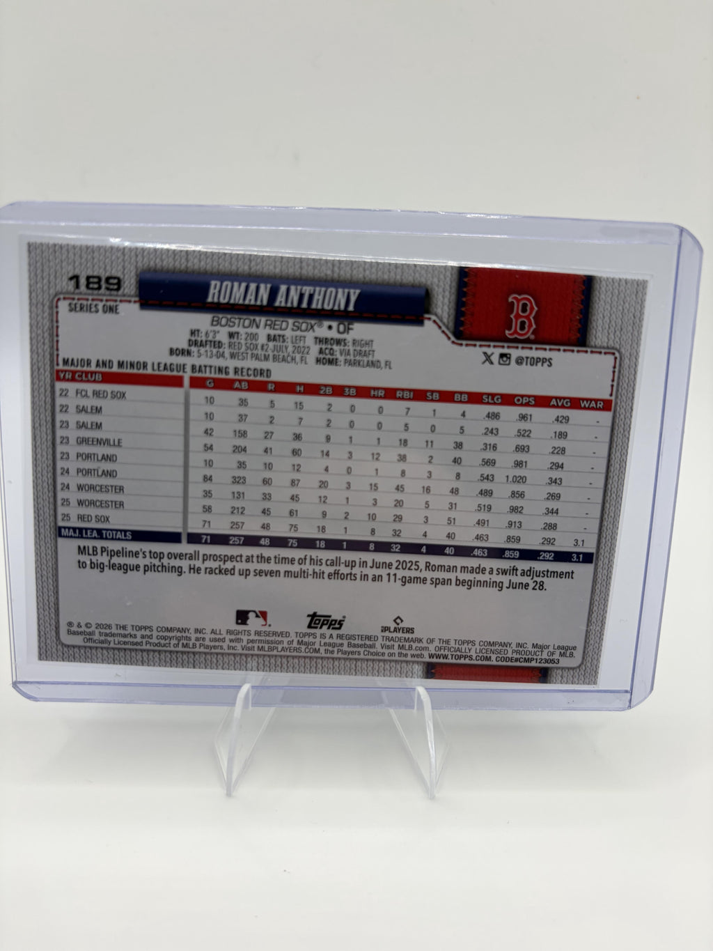 2026 Topps Roman Anthony Card RC Boston Red Sox #189