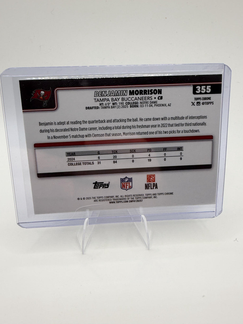 2025 Topps Chrome Benjamin Morrison RC #355 Refractor Tampa Bay Buccaneers