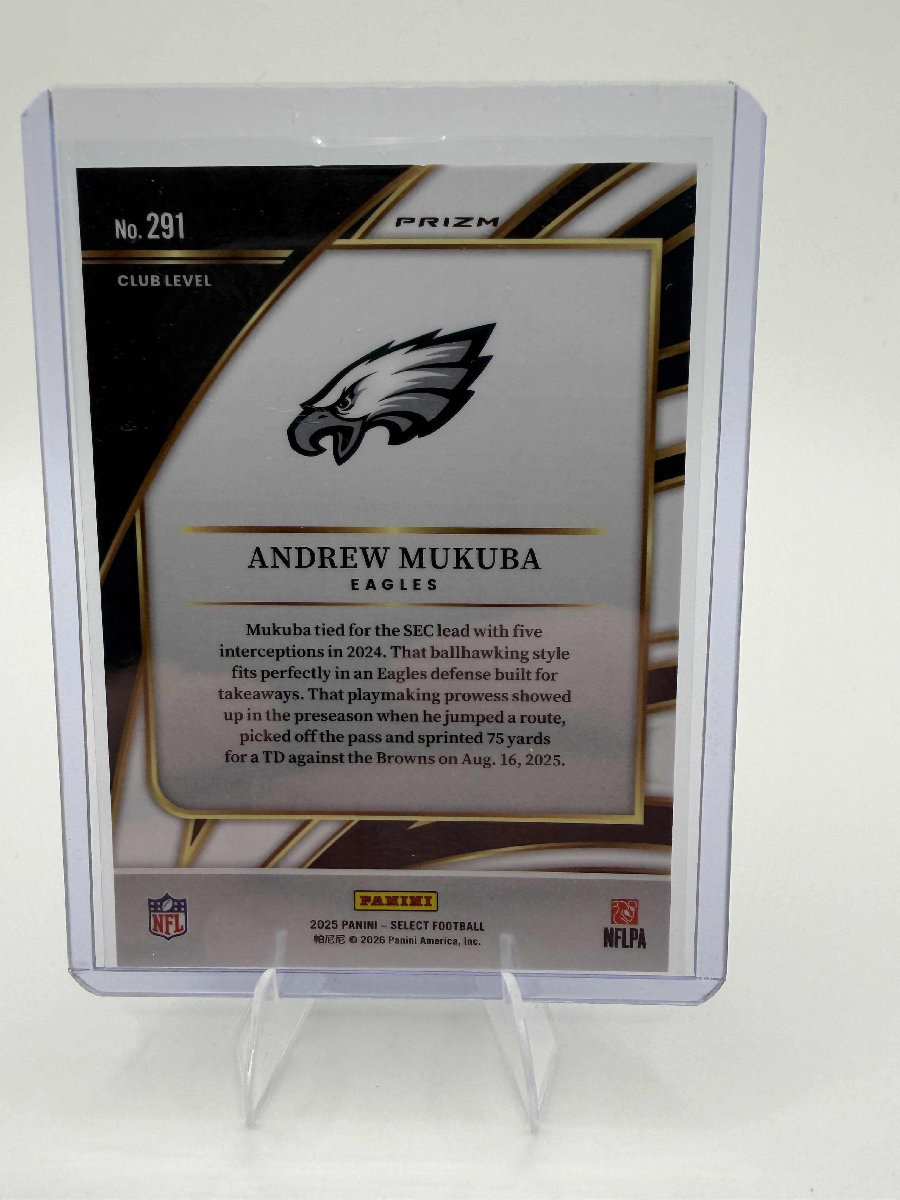 2025 Panini Select Andrew Mukuba Card Zebra Prizm Shock Philadelphia Eagles #291