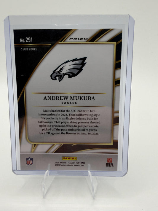 2025 Panini Select Andrew Mukuba Card Zebra Prizm Shock Philadelphia Eagles #291