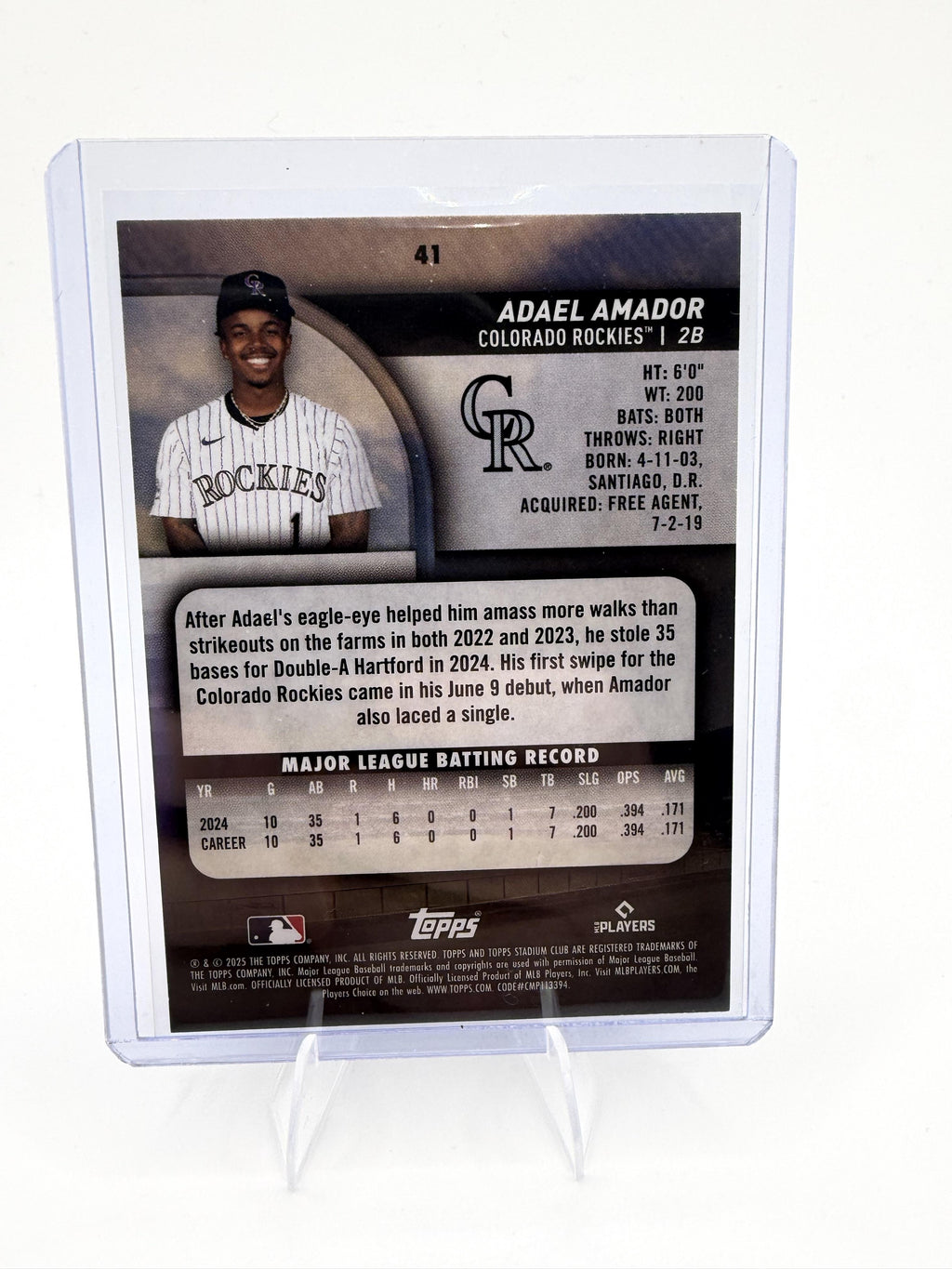 2025 Stadium Club Adael Amador Card RC Colorado Rockies #41