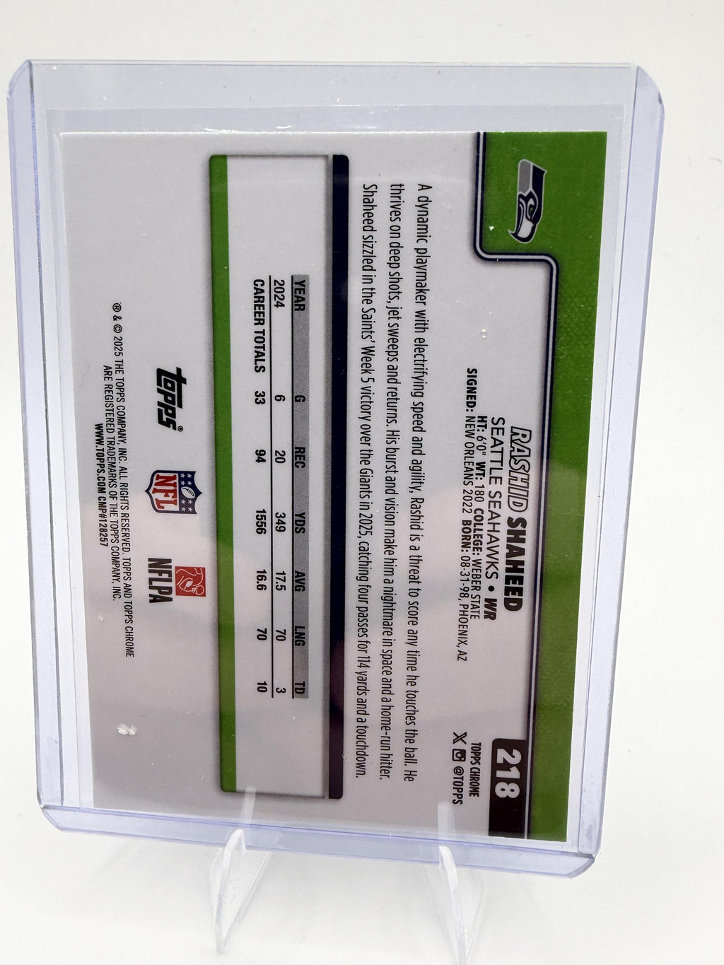 2025 Topps Chrome Rashid Shaheed #218 Pulsar Refractor Seattle Seahawks