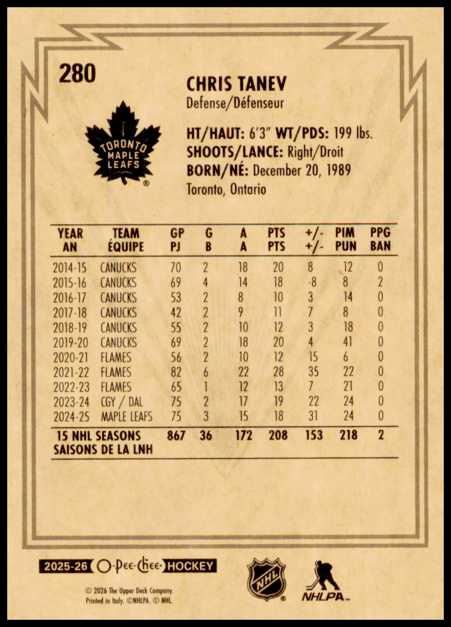 2025-26 O-Pee-Chee #280 Chris Tanev Retro Variation