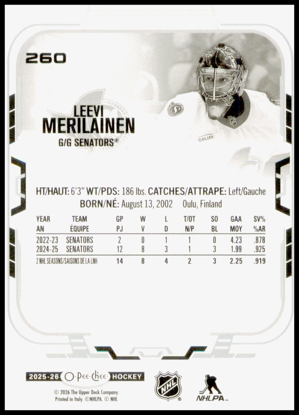 2025-26 O-Pee-Chee Leevi Meriläinen #260 Ottawa Senators OPC Hockey Base Card
