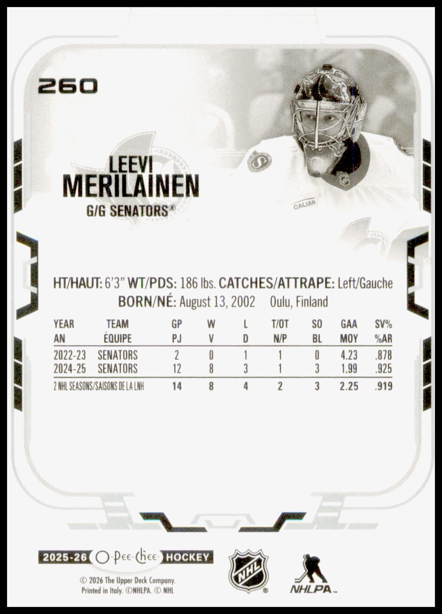 2025-26 O-Pee-Chee Leevi Meriläinen #260 Ottawa Senators OPC Hockey Base Card