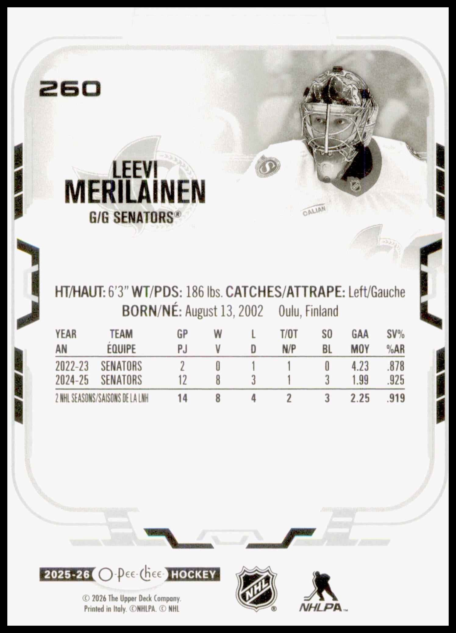 2025-26 O-Pee-Chee Leevi Meriläinen #260 Ottawa Senators OPC Hockey Base Card