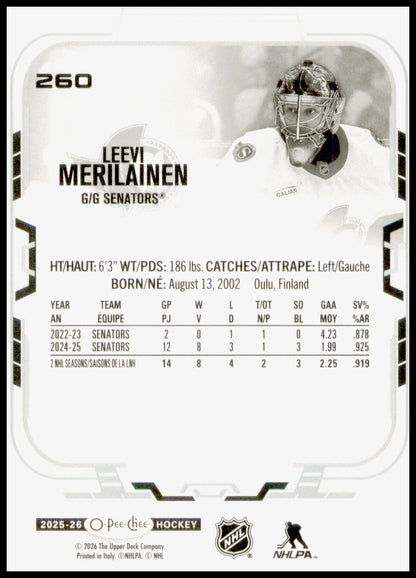 2025-26 O-Pee-Chee Leevi Meriläinen #260 Ottawa Senators OPC Hockey Base Card
