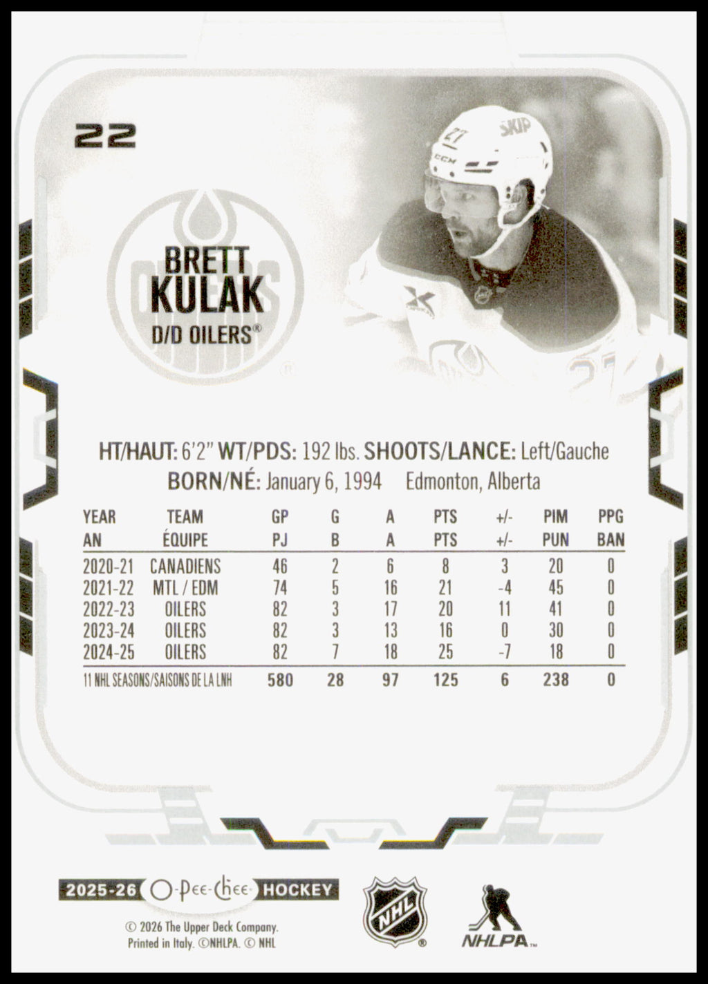 2025-26 O-Pee-Chee #22 Brett Kulak