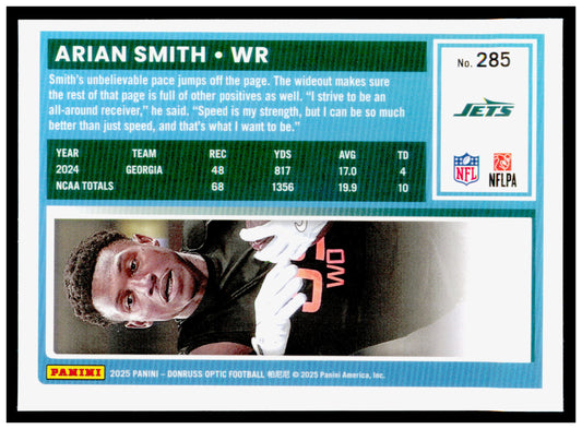 2025 Donruss Optic Arian Smith Card RC New York Jets #285