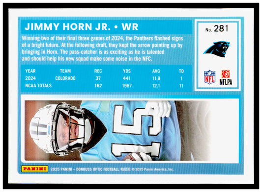 2025 Donruss Optic Jimmy Horn Jr. Card RC Carolina Panthers #281