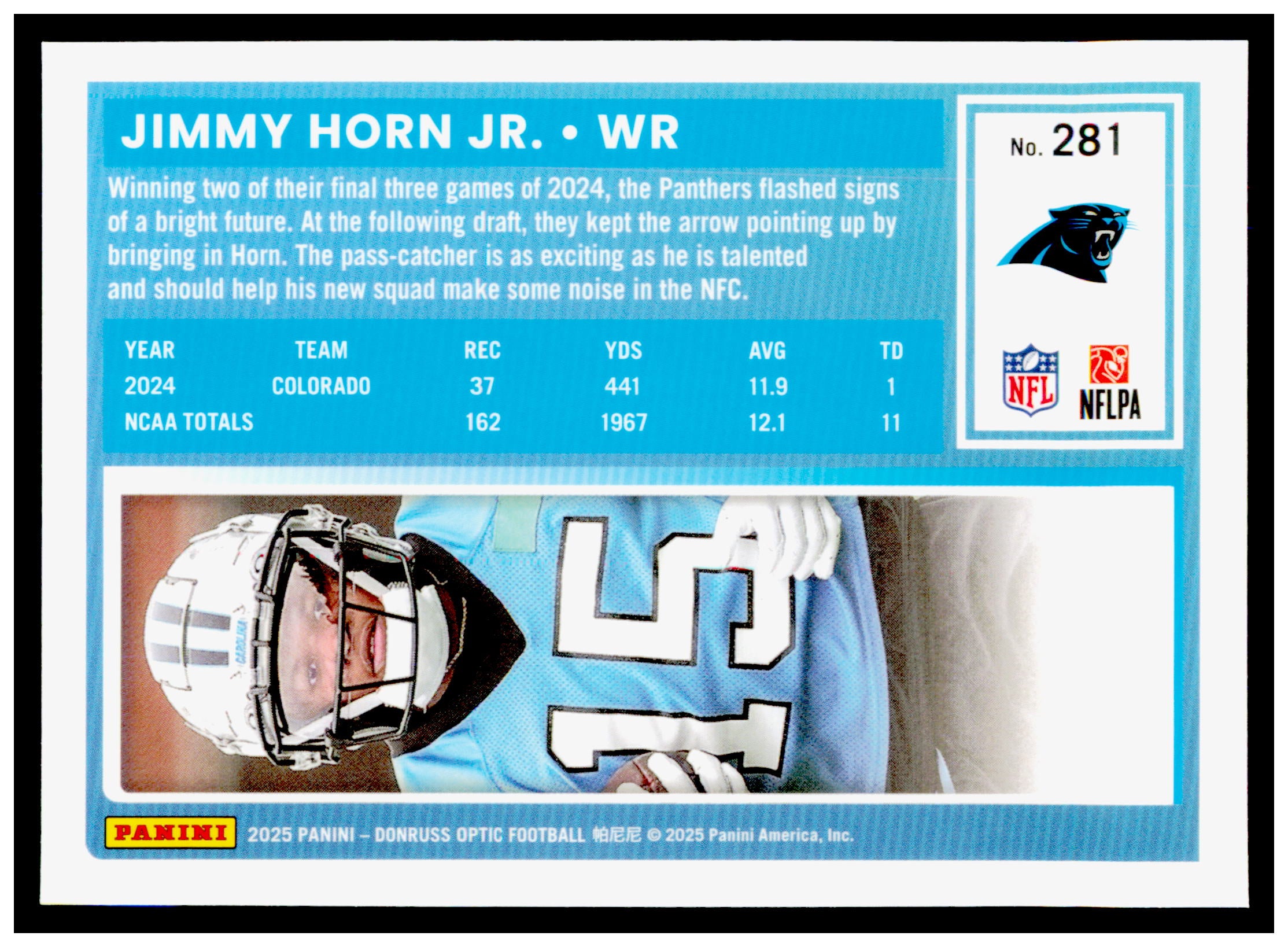 2025 Donruss Optic Jimmy Horn Jr. Card RC Carolina Panthers #281