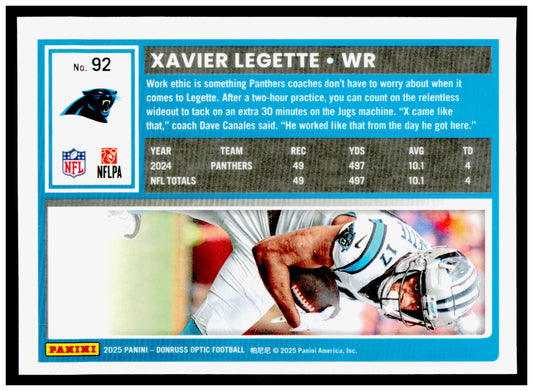 2025 Donruss Optic Xavier Legette Card Carolina Panthers #92