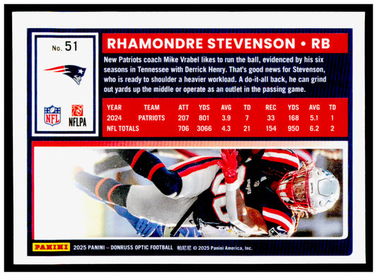 2025 Donruss Optic Rhamondre Stevenson Card New England Patriots #51