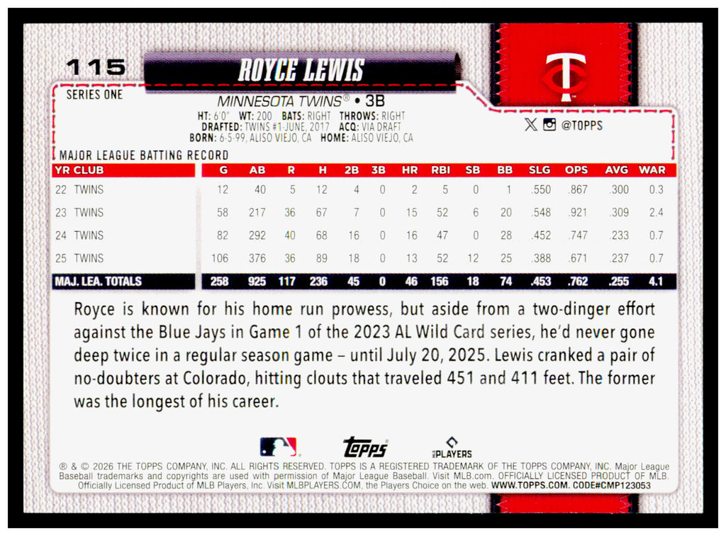 2026 Topps Royce Lewis Card Minnesota Twins #115