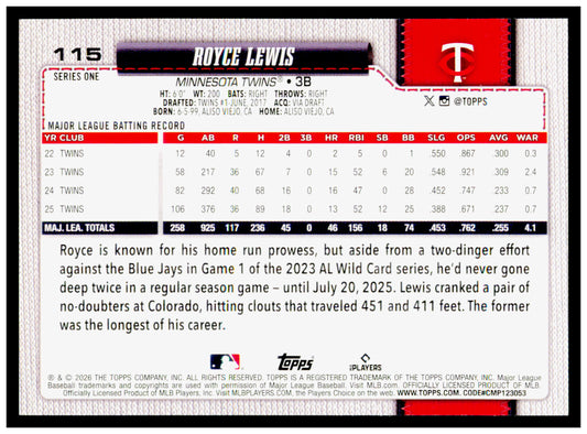 2026 Topps Royce Lewis Card Minnesota Twins #115