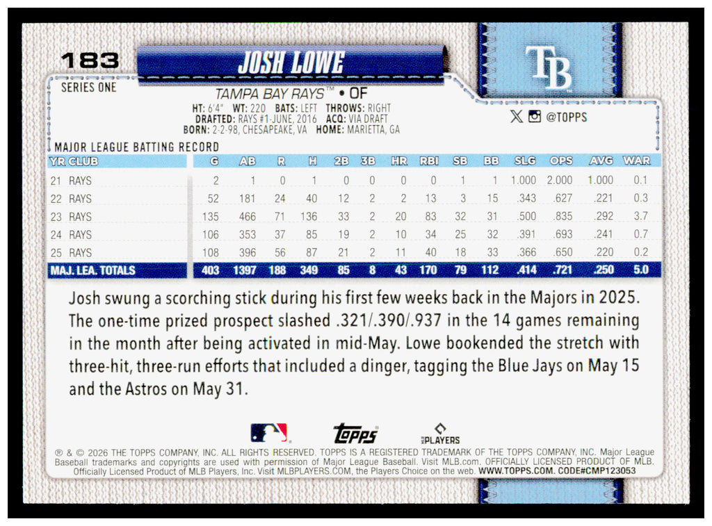 2026 Topps Josh Lowe Card Tampa Bay Rays #183