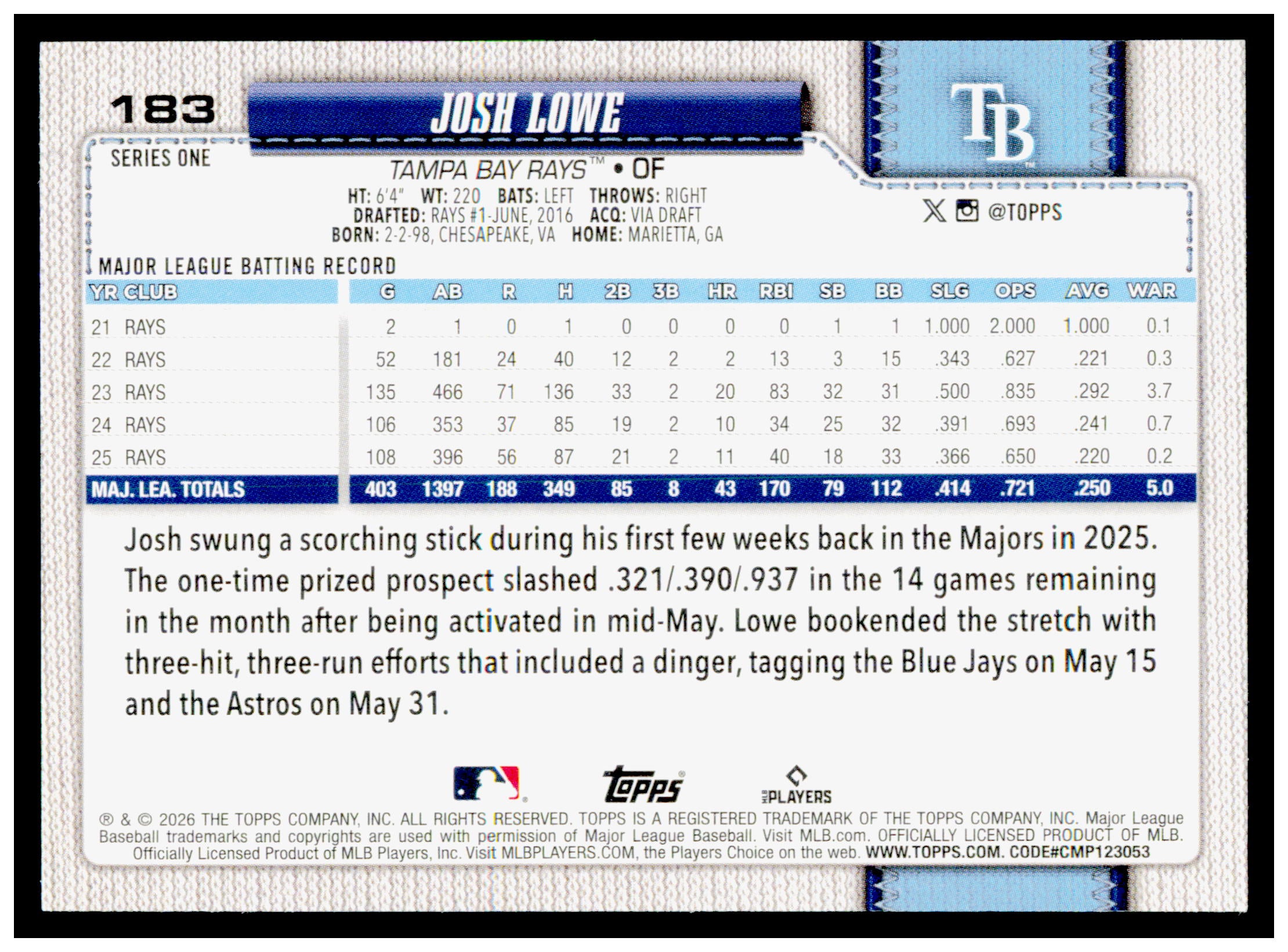 2026 Topps Josh Lowe Card Tampa Bay Rays #183