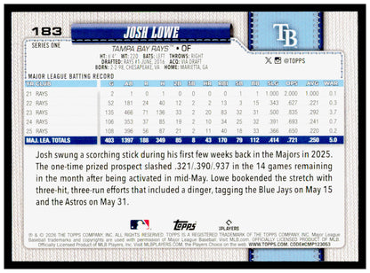 2026 Topps Josh Lowe Card Tampa Bay Rays #183