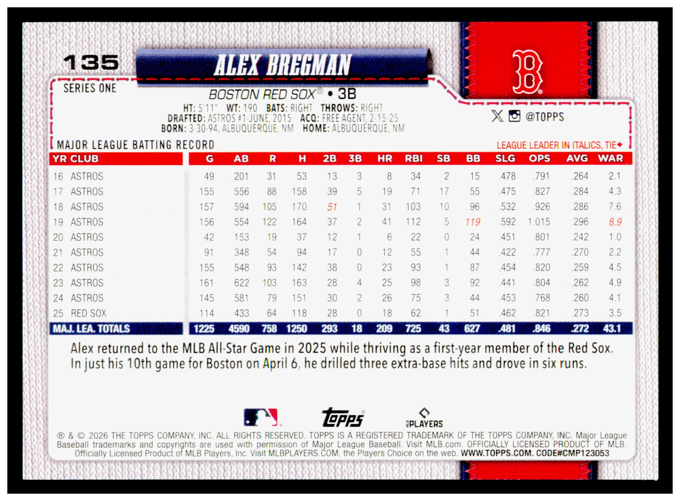 2026 Topps Alex Bregman Card Boston Red Sox #135