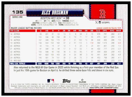 2026 Topps Alex Bregman Card Boston Red Sox #135