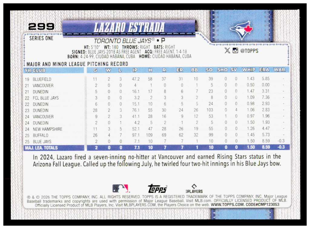 2026 Topps Lazaro Estrada Card RC Toronto Blue Jays #299