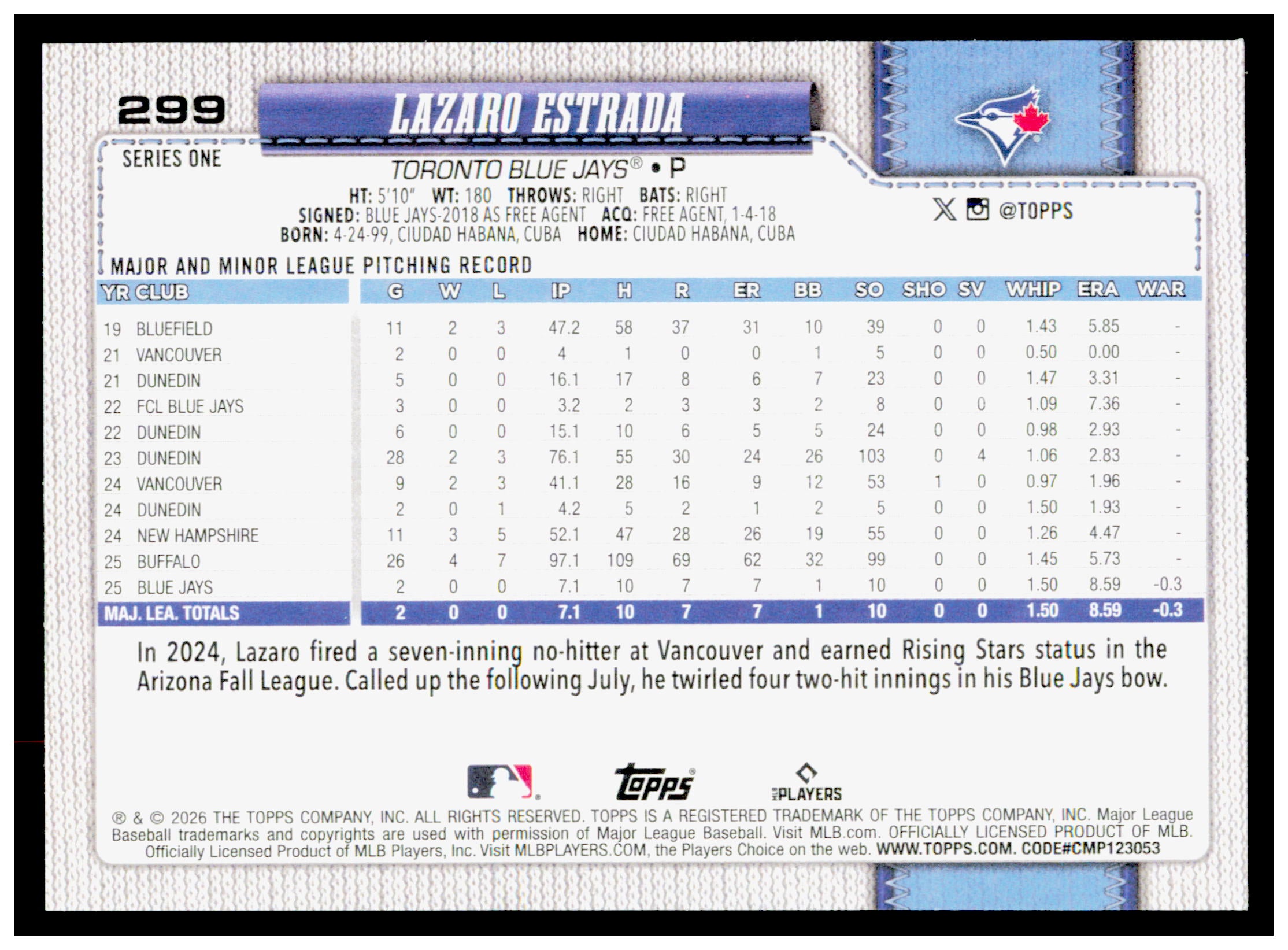 2026 Topps Lazaro Estrada Card RC Toronto Blue Jays #299