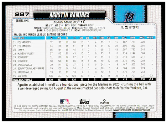 2026 Topps Agustin Ramirez Card Walk This Way Miami Marlins #287