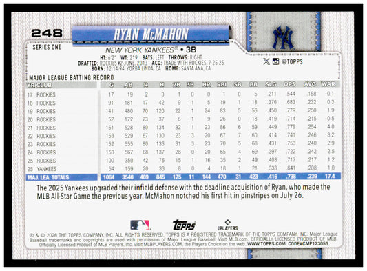 2026 Topps Ryan McMahon Card New York Yankees #248