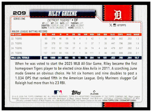 2026 Topps Riley Greene Card Detroit Tigers #209