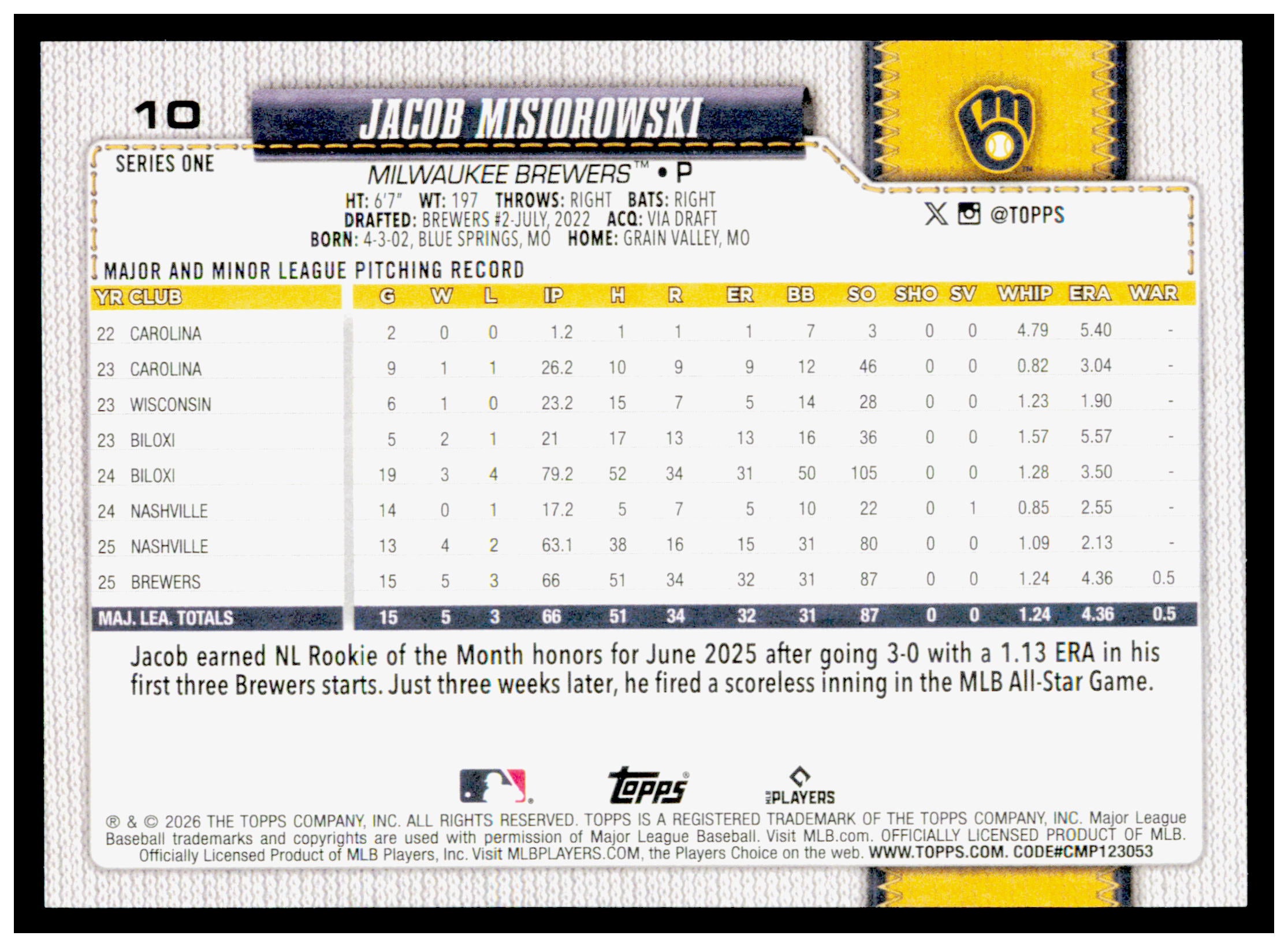 2026 Topps Jacob Misiorowski Card RC Milwaukee Brewers #10