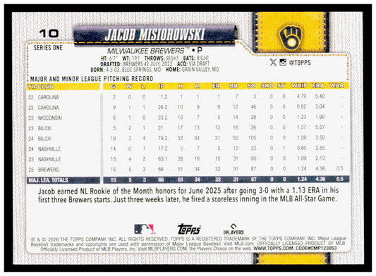 2026 Topps Jacob Misiorowski Card RC Milwaukee Brewers #10