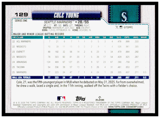 2026 Topps Cole Young Card RC Seattle Mariners #129