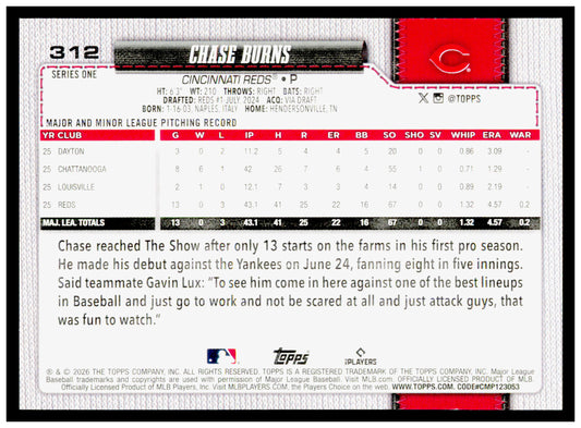 2026 Topps Chase Burns Card RC Cincinnati Reds #312