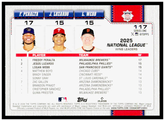 2026 Topps National League Leaders Wins  Card #117
