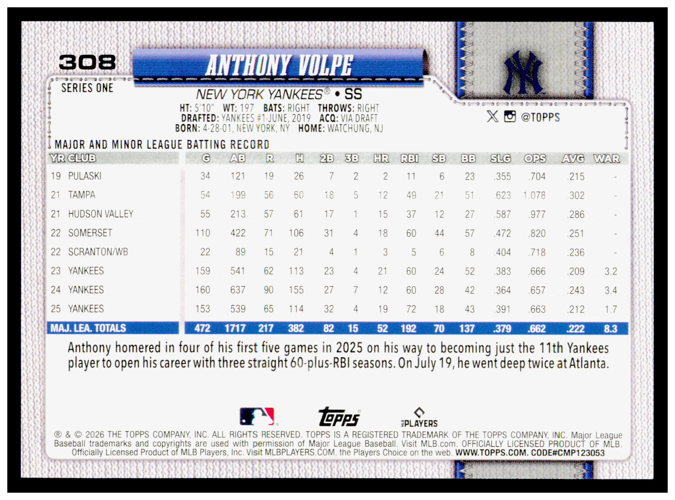 2026 Topps Anthony Volpe Card New York Yankees #308
