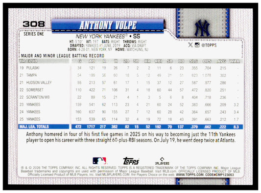 2026 Topps Anthony Volpe Card New York Yankees #308