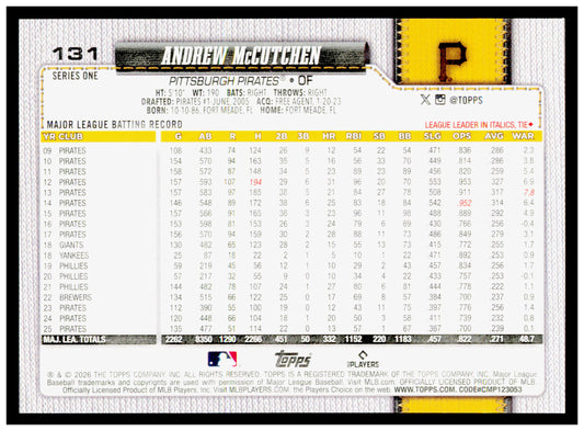 2026 Topps Andrew McCutchen Card Pittsburgh Pirates #131