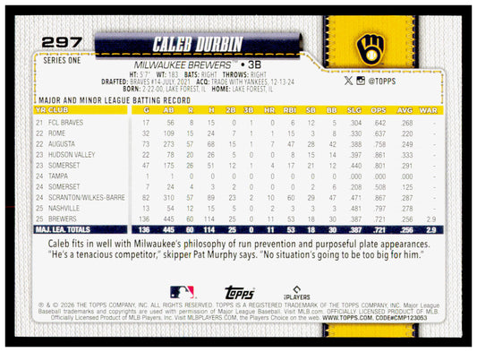 2026 Topps Caleb Durbin Card Milwaukee Brewers #297