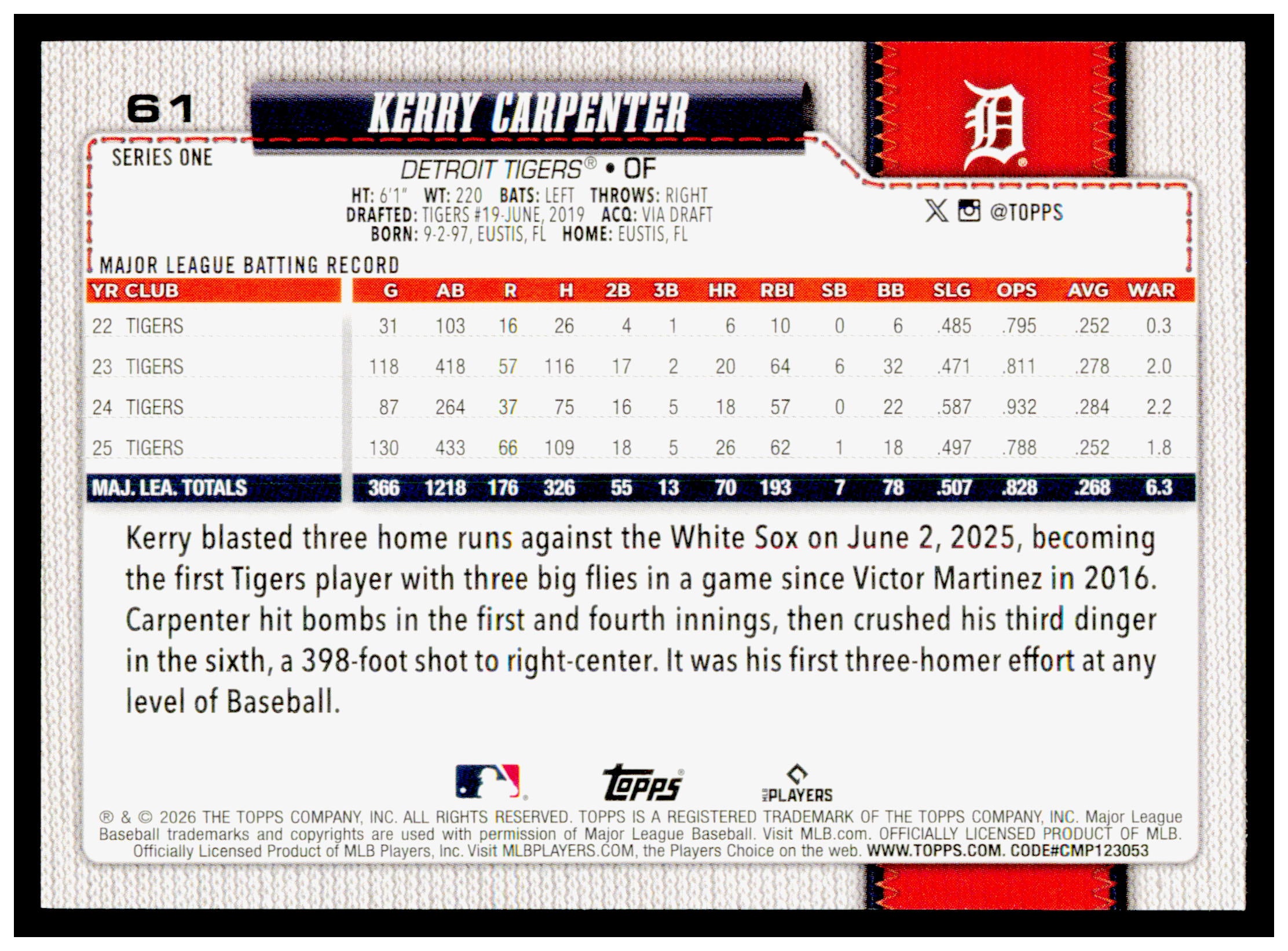 2026 Topps Kerry Carpenter Card Detroit Tigers #61
