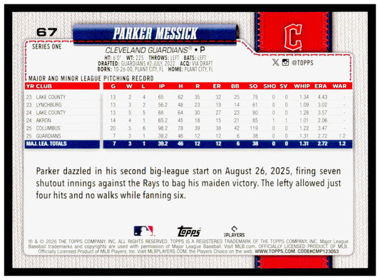2026 Topps Parker Messick Card RC Cleveland Guardians #67