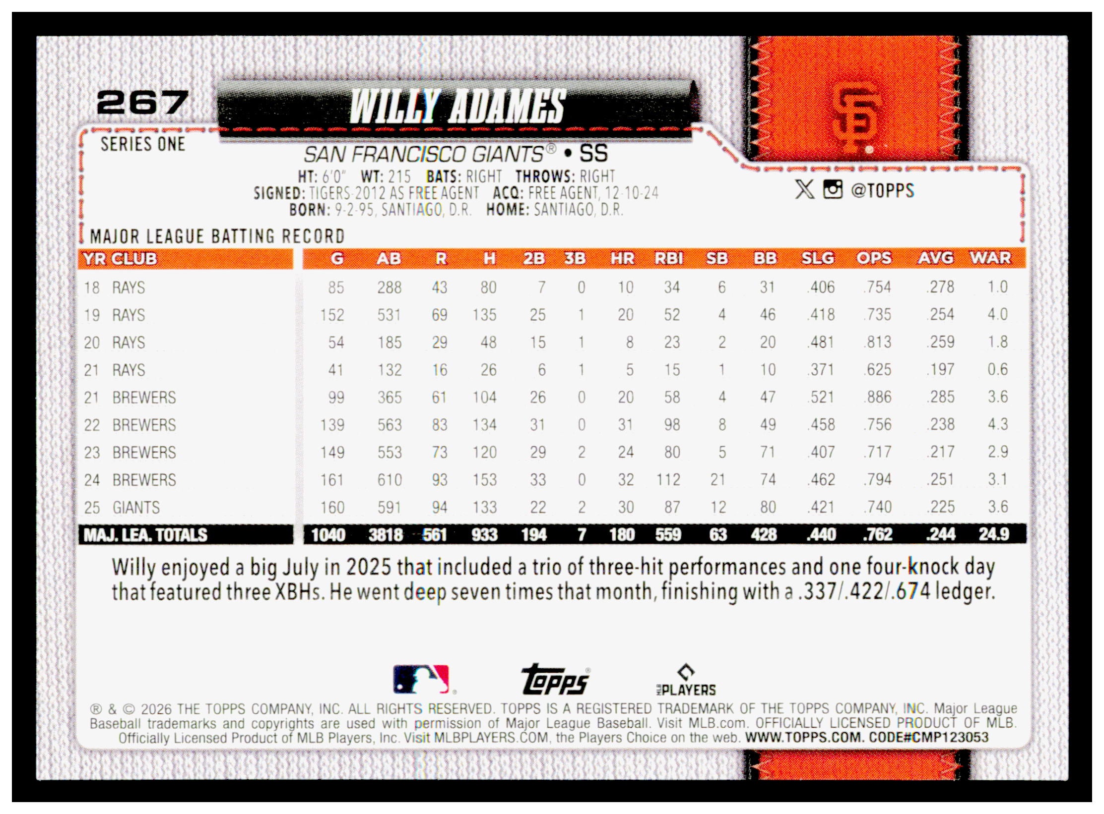 2026 Topps Willy Adames Card San Francisco Giants #267