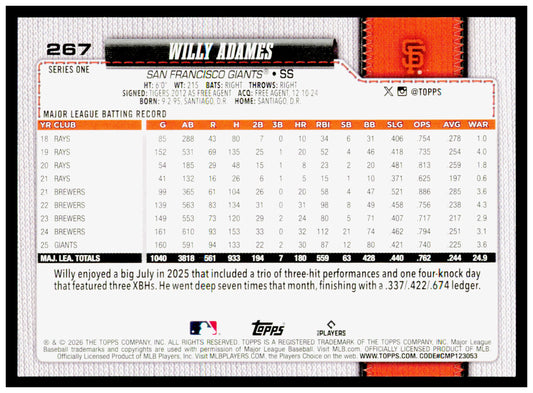 2026 Topps Willy Adames Card San Francisco Giants #267