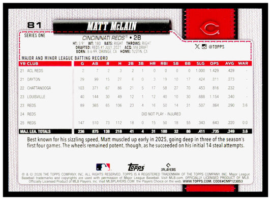 2026 Topps Matt McLain Card Cincinnati Reds #81