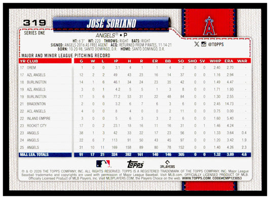 2026 Topps José Soriano Card Los Angeles Angels #319